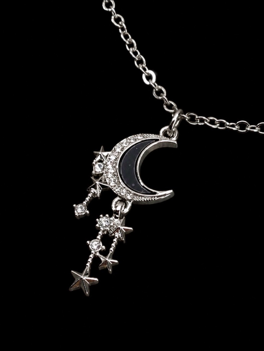 Silver Moon & Star Dangle Necklace - Black Enamel